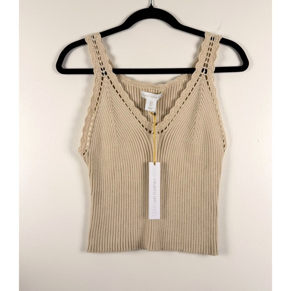 House‎ Of Harlow 1960 Tank Top Small Beige Crochet V Neck Cropped Knit NWT